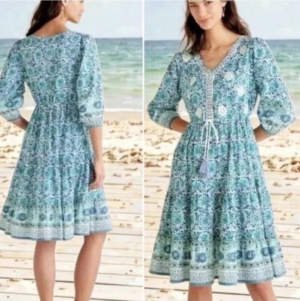 Soft Surroundings Nerissa Dress Size M Blue Green Abstract Floral Tassel Boho